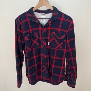 Topo Designs Red and Blue Flannel Collar Shirt, Men’s M